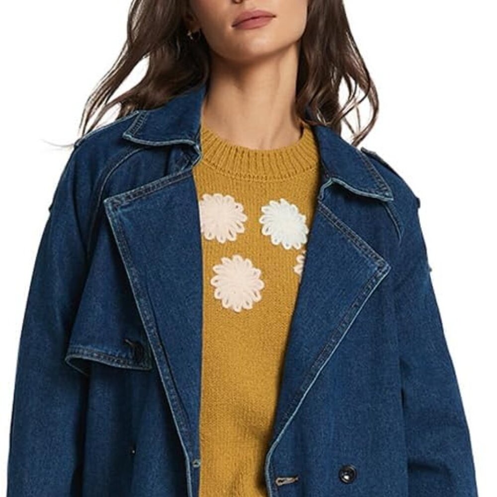 Women's Lapel Denim Trench Coat Long Sleeve Double Midi Classic Breasted Jackets - Picture 4 of 7